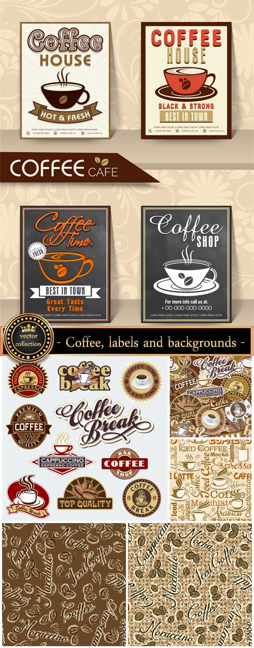 Coffee, labels and backgrounds vector #5