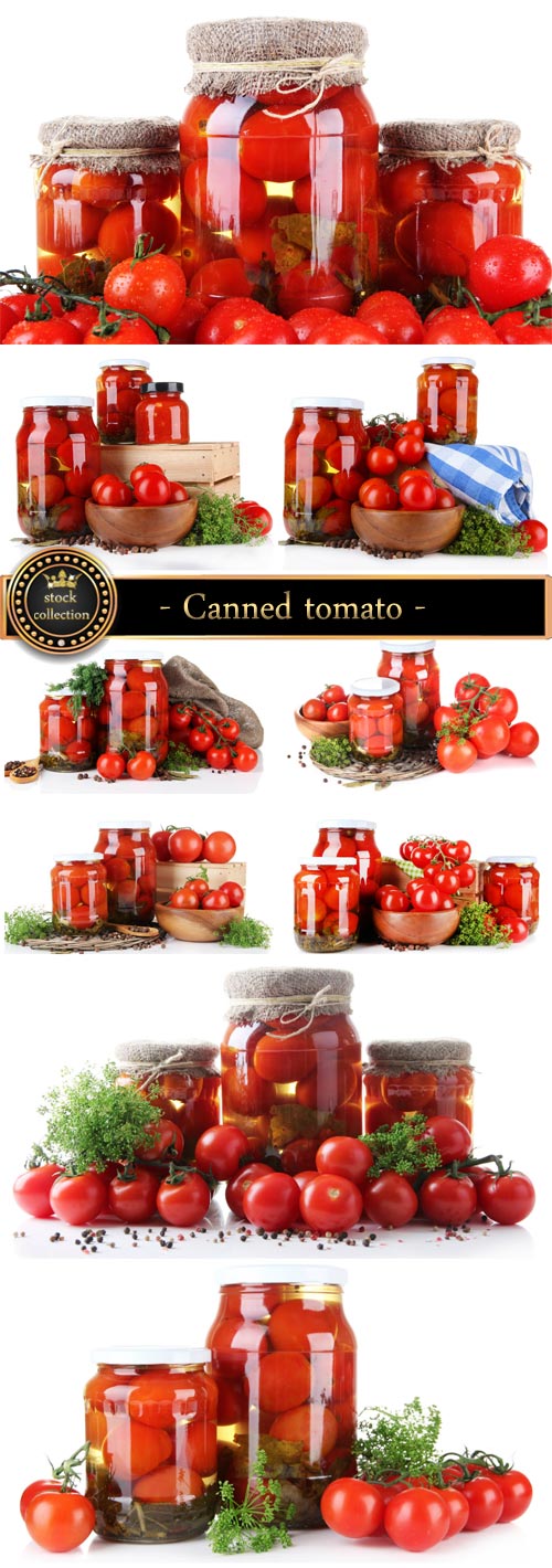 Canned tomato, fresh vegetables - Stock Photo