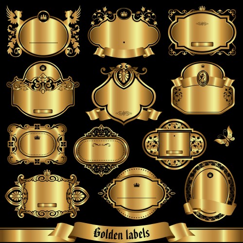 Gold decorative frames and labels in vector