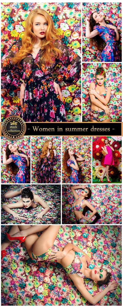 Women in summer dresses on a floral background - Stock photo