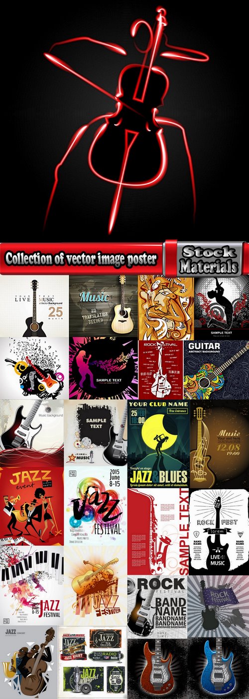 Collection of vector image poster jazz saxophone guitar rock festival 25 Eps