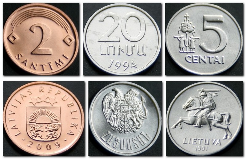 Монеты и купюры мира №124 2 сантима (Латвия), 20 лум (Армения), 5 центов (Литва)