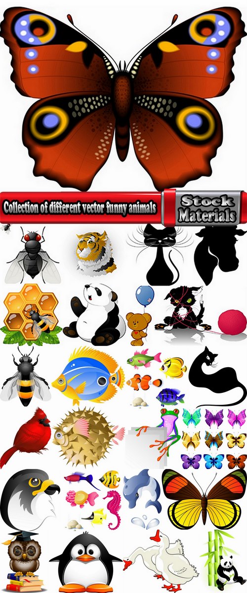 Collection of different vector funny picture cartoon animals panda tiger fish goose cow 25 Eps