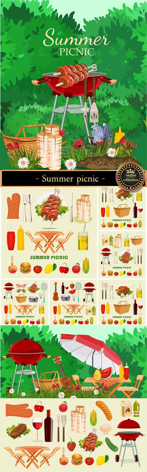 Summer picnic, barbecue, vector elements
