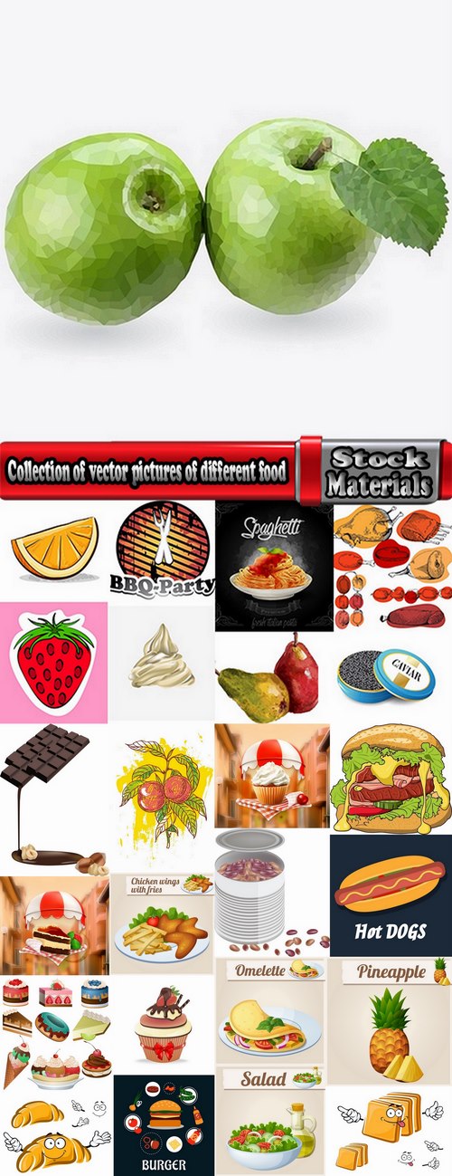 Collection of vector pictures of different food barbecue meat hamburger salad 25 Eps