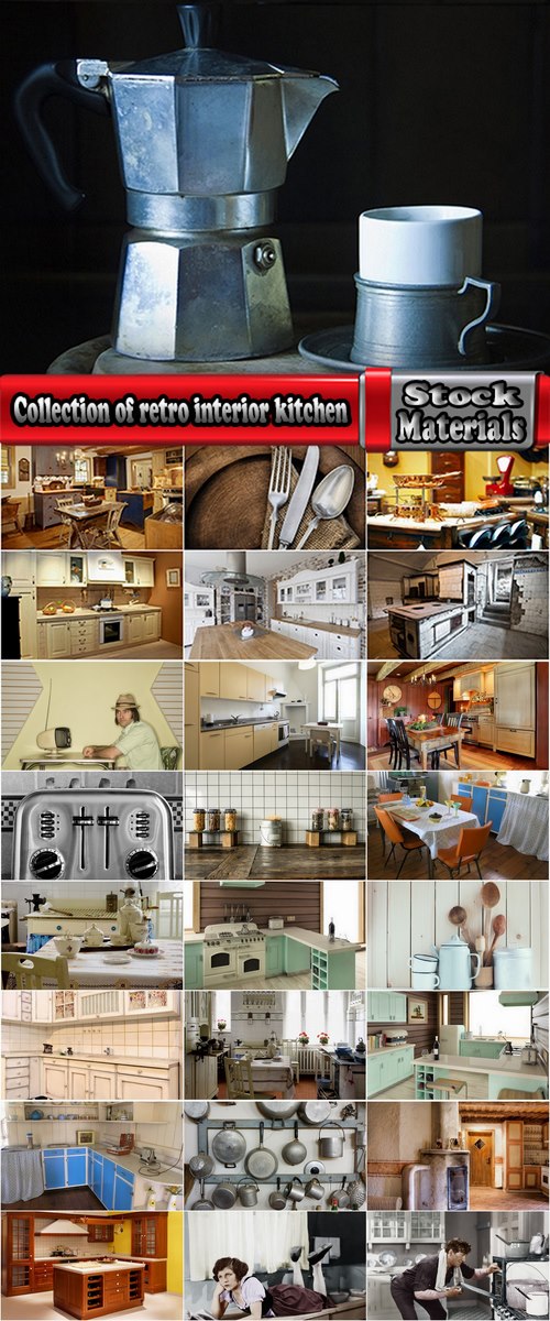 Collection of retro interior kitchen table chair cupboard sink utensils oven 25 HQ Jpeg
