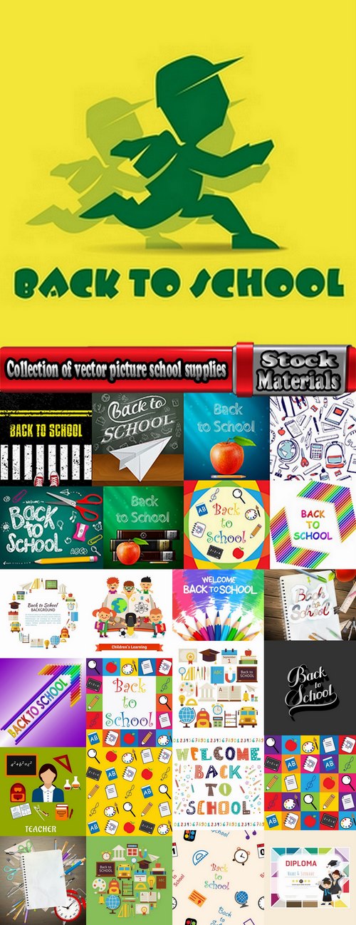 Collection of vector picture school supplies flyer poster banner stationery pencil line 25 EPS