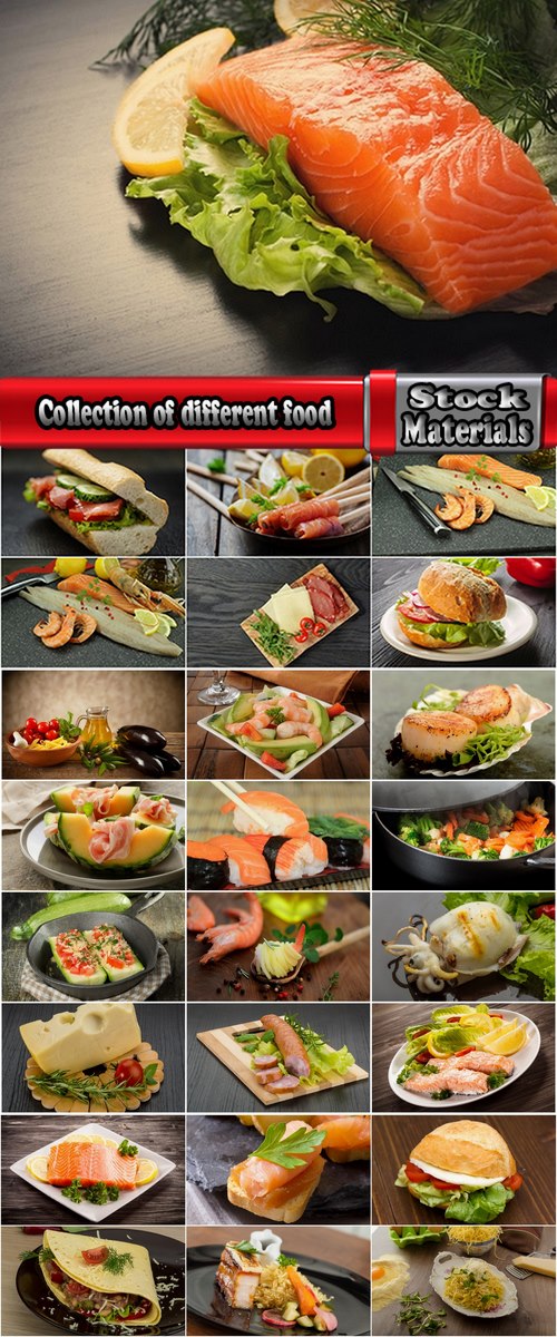 Collection of different fish food hamburger salad vegetables shrimp sushi lemon 25 HQ Jpeg