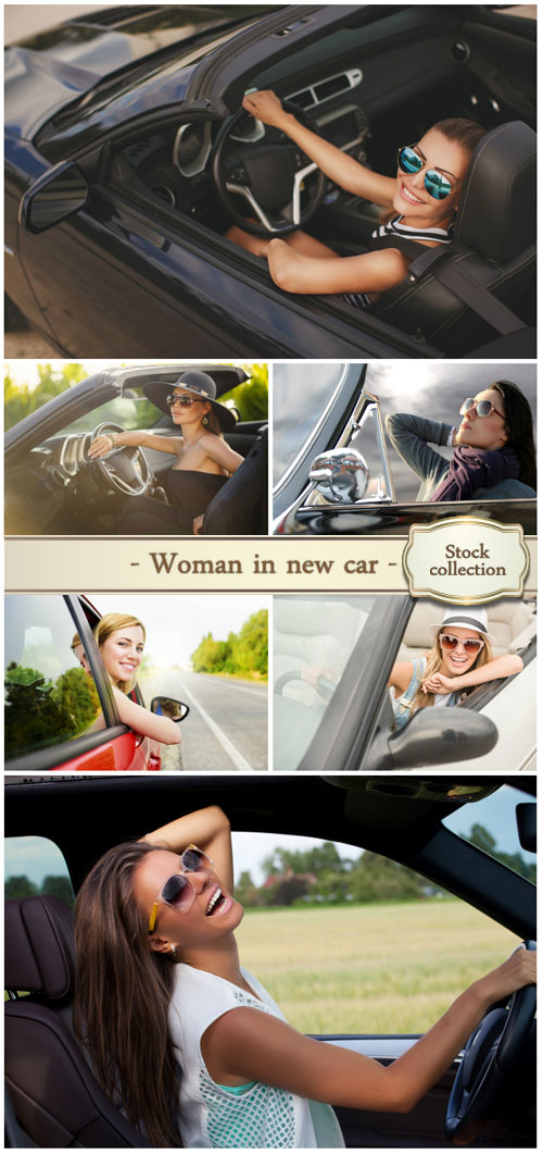Happy beautiful woman in new car - Stock photo