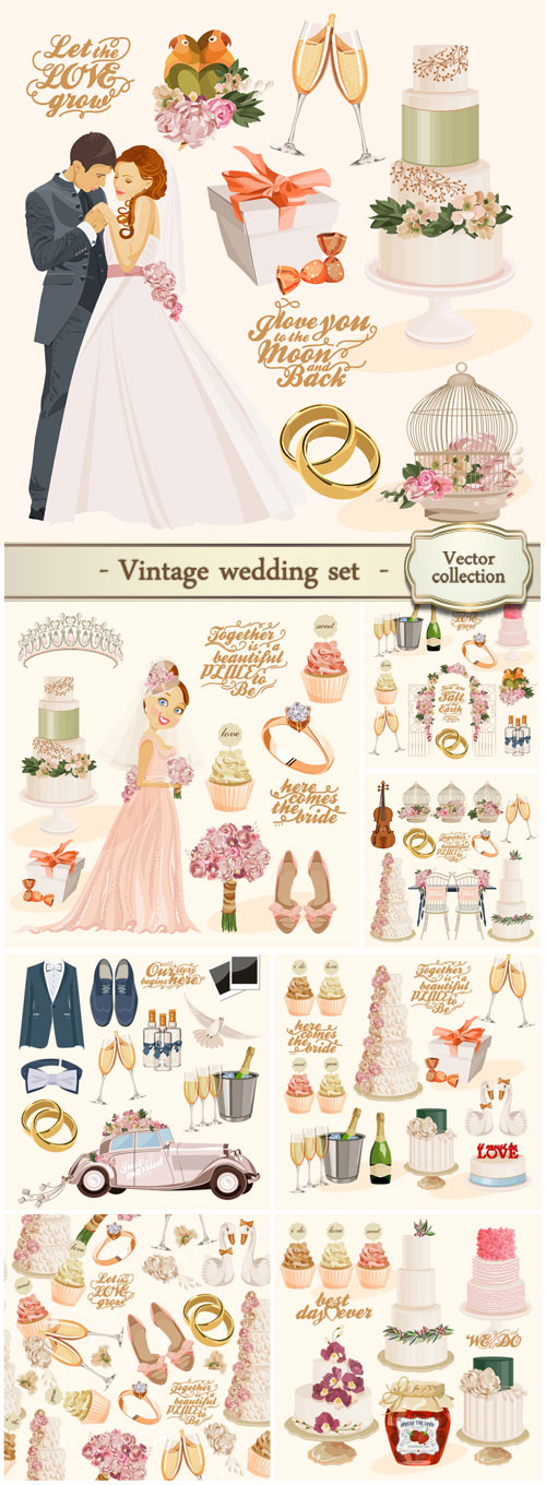 Vector vintage set of decorative wedding elements