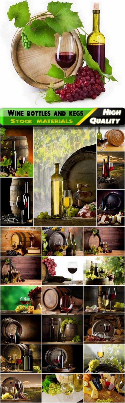 Wine bottles and glasses and wooden kegs - 25 HQ Jpg
