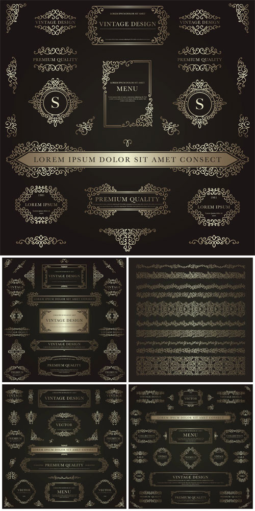 Set of golden decorative vintage design elements for label