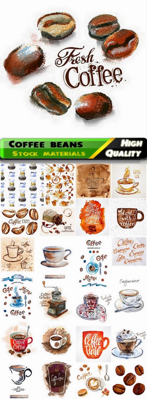 Coffee beans and brewed coffee painted in watercolor - 25 Eps